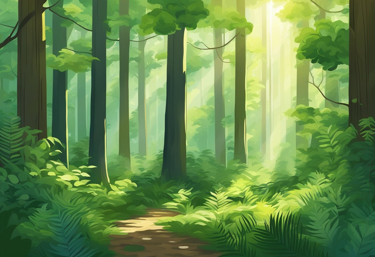 A lush green forest with tall trees and dense foliage, with sunlight filtering through the canopy creating dappled patterns on the forest floor