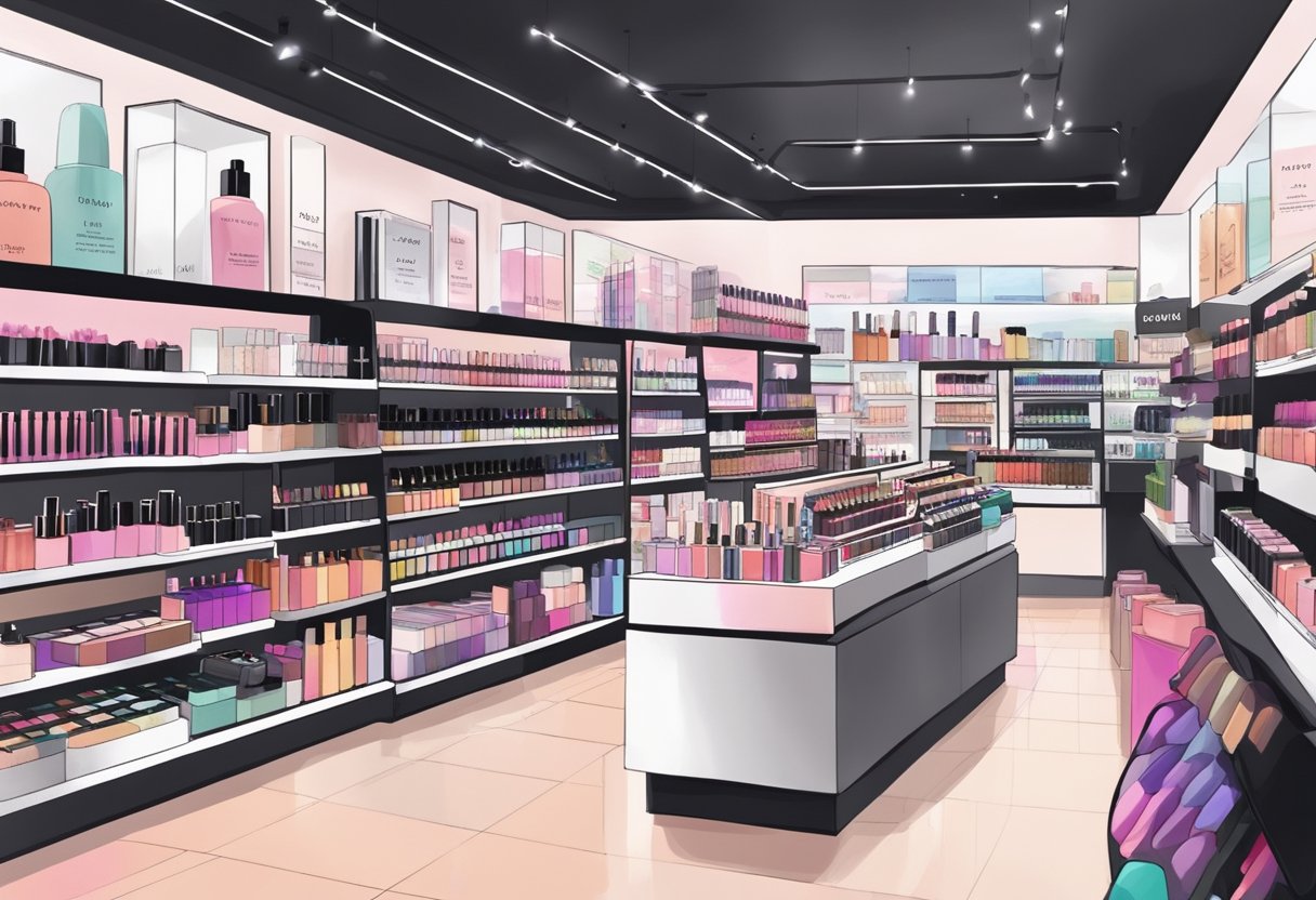 The Sephora Singapore store is brightly lit with shelves of colorful makeup products and beauty accessories neatly displayed. The store is bustling with customers browsing and trying out different products