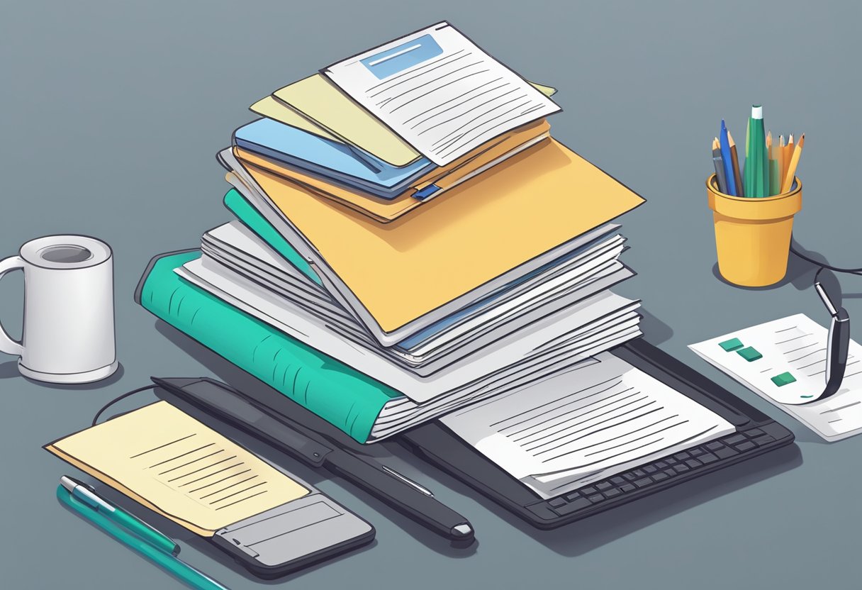 A stack of paper with the words "Frequently Asked Questions" on top, surrounded by a computer, phone, and pen