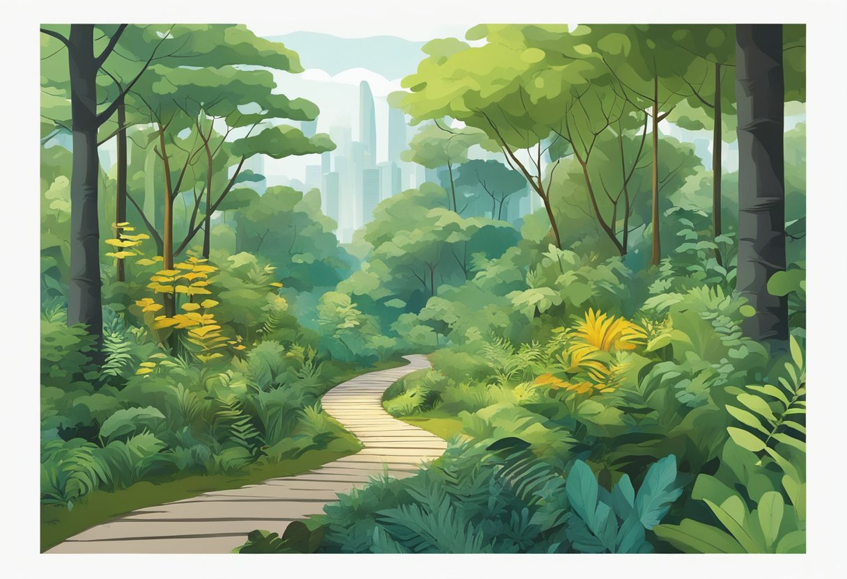 A lush forest with towering trees, vibrant foliage, and a winding trail, showcasing the diverse flora of Timberland's Range in Singapore