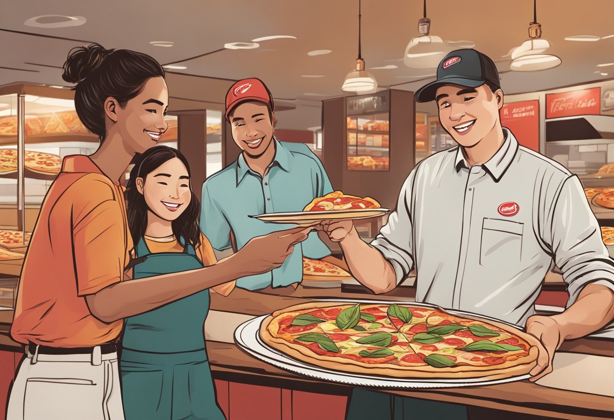 Customers browsing Pizza Hut's menu, pointing at various pizza options, while a server takes their orders