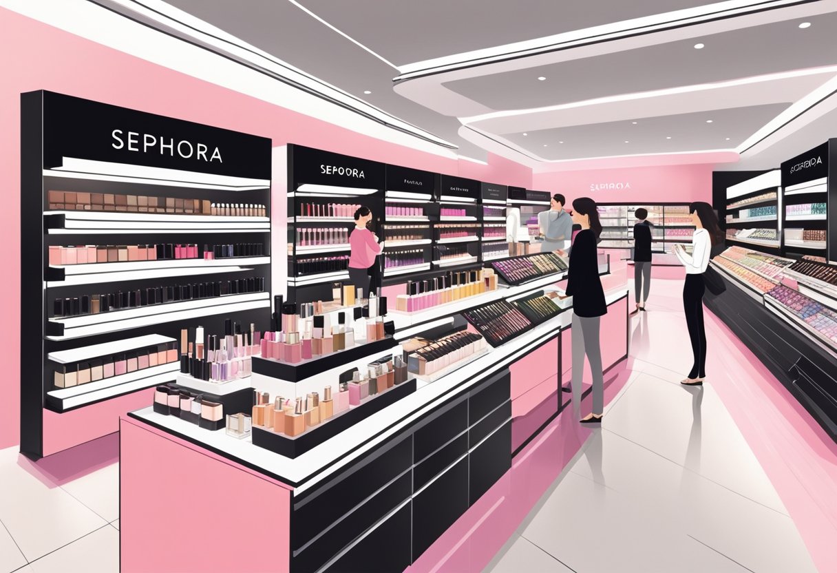 Customers browsing shelves of makeup and skincare products at Sephora Singapore. Bright lighting and sleek displays create a modern and inviting atmosphere