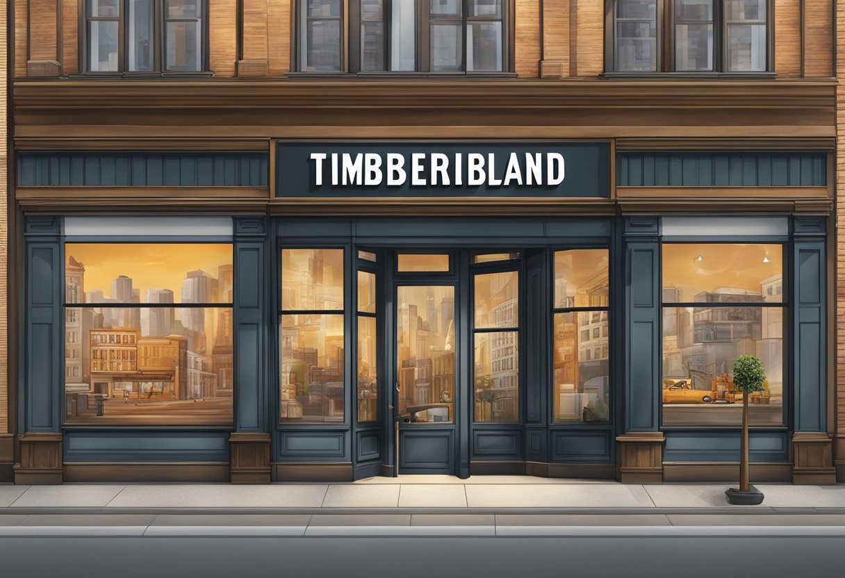 A storefront with Timberland logo, surrounded by urban buildings