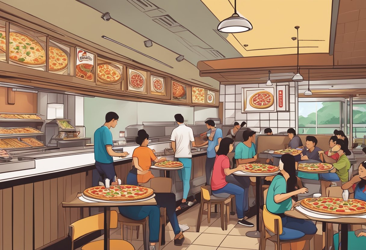 A bustling Pizza Hut in Singapore, with tables filled with customers enjoying hot, fresh pizzas and friendly staff serving up delicious slices