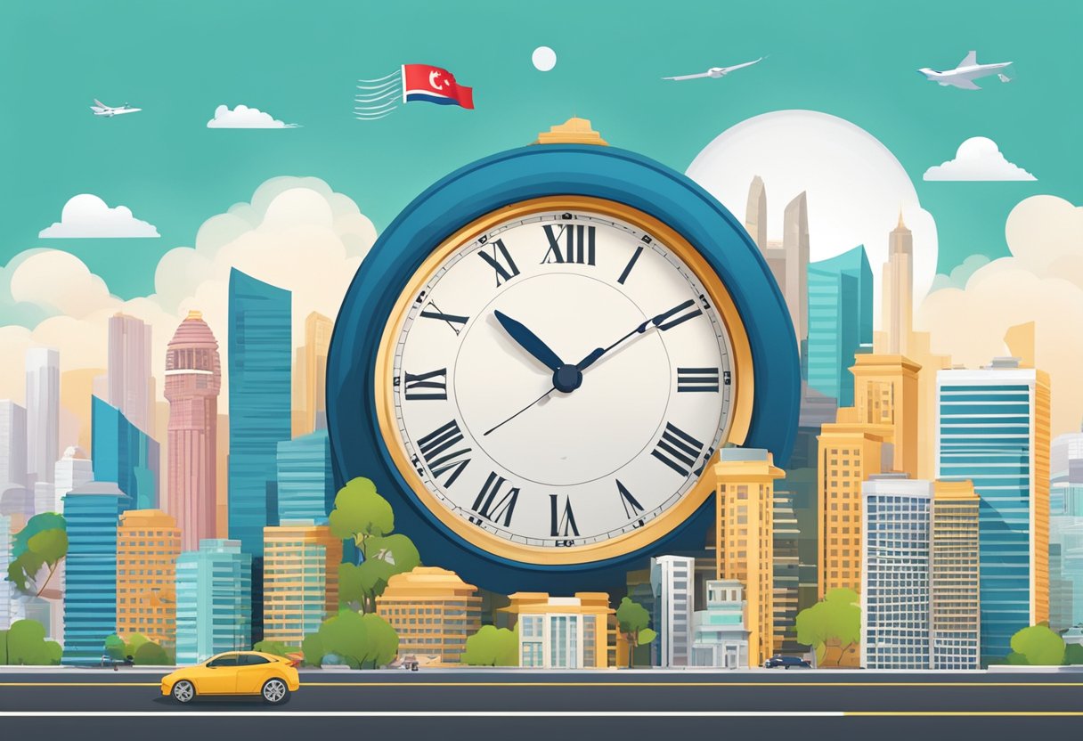 The clock on the wall shows 3 PM in Singapore, with a backdrop of iconic city landmarks and a bustling urban scene