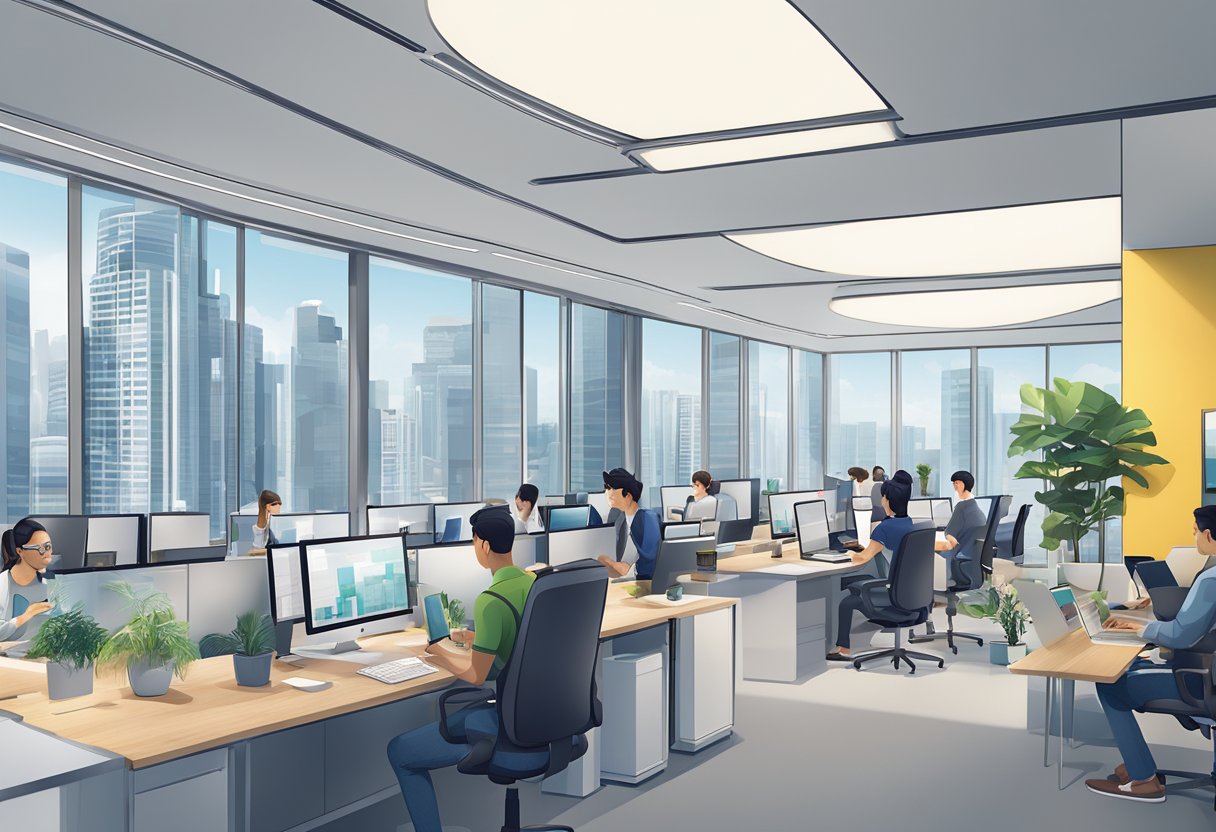 The Skyscanner Singapore office bustles with employees at their desks, surrounded by modern decor and large windows overlooking the city skyline