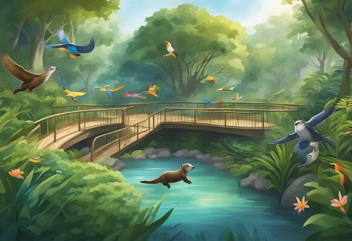 Lush greenery surrounds animal enclosures at Singapore Zoo, with playful otters swimming in a clear stream and colorful birds flitting through the trees