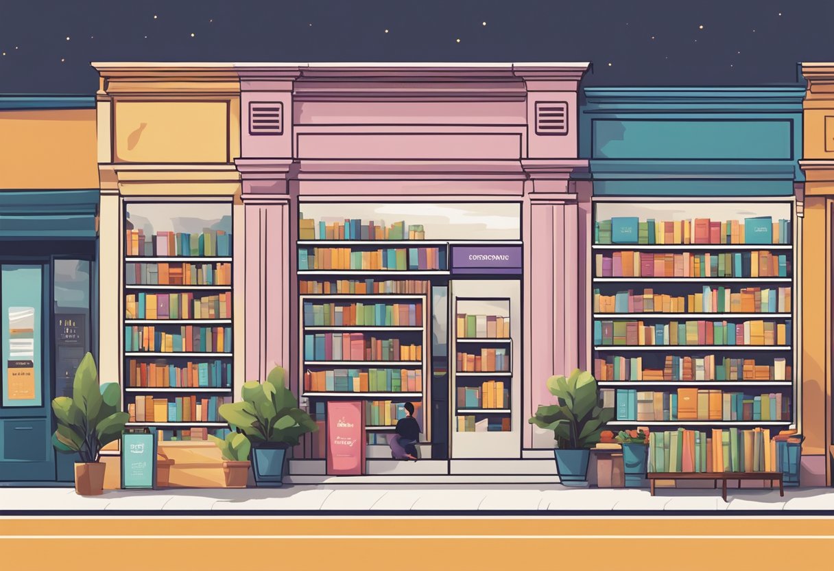 A bustling bookstore in a modern city, filled with colorful books and cozy reading nooks. The logo "hpb singapore" is prominently displayed on the storefront