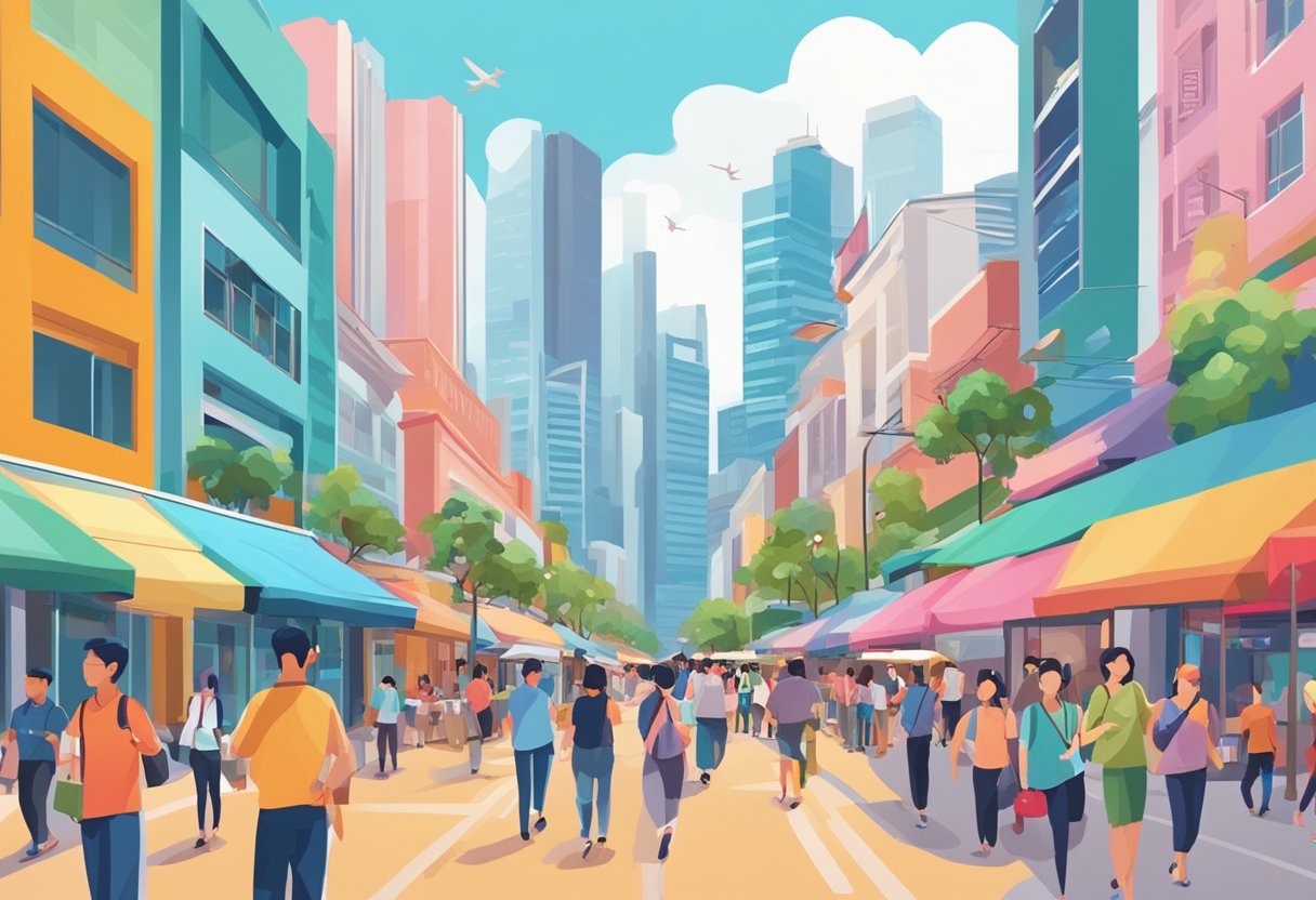 People bustling in Singapore's Time Zone, surrounded by colorful buildings and bustling with activity