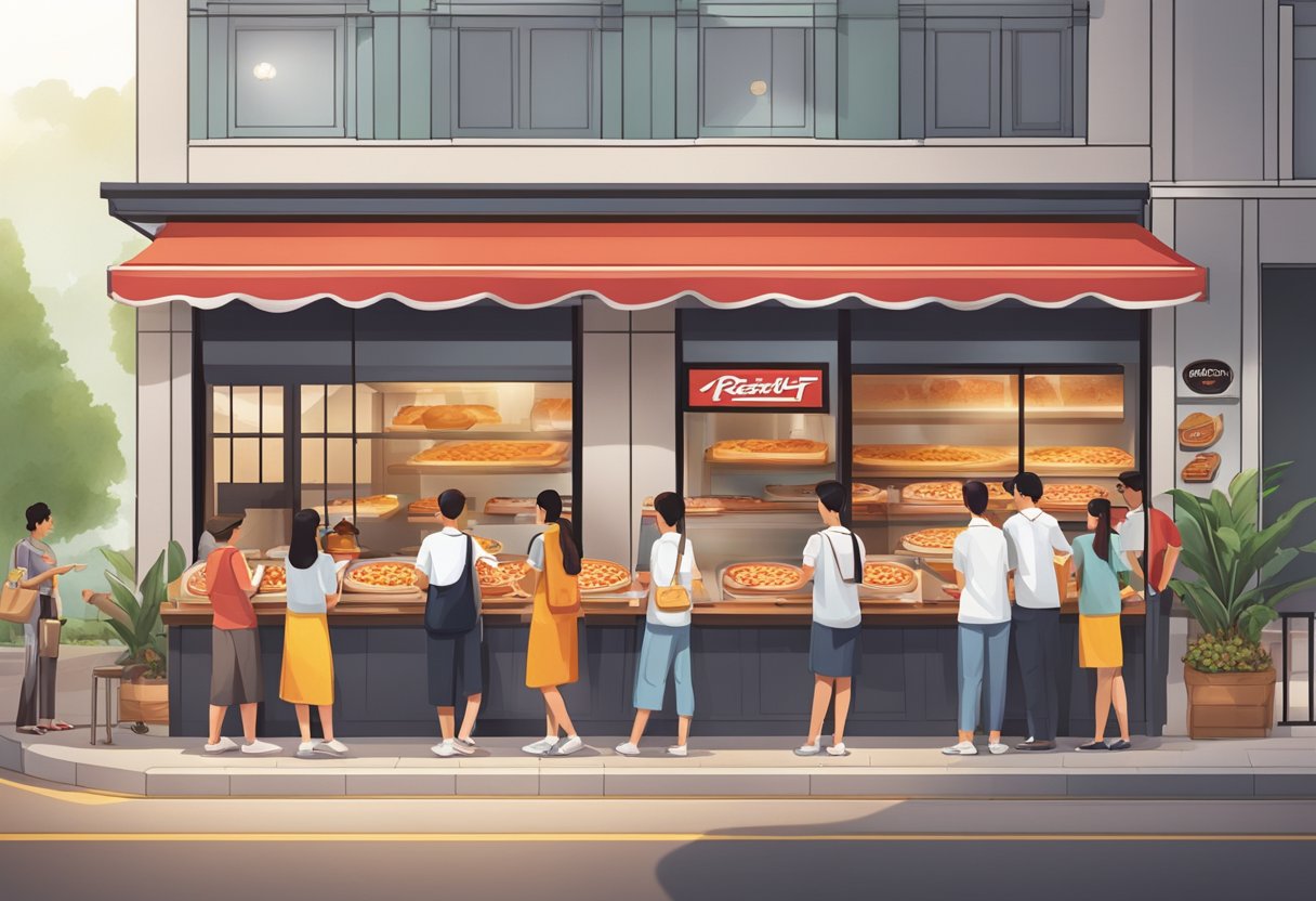 A bustling Pizza Hut in Singapore with customers lining up, staff taking orders, and the aroma of freshly baked pizzas filling the air