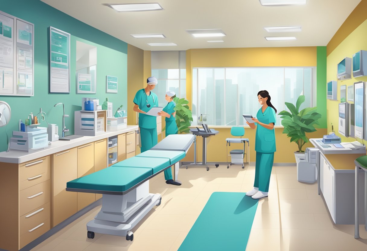 A vibrant clinic setting with medical equipment and staff promoting preventive health services