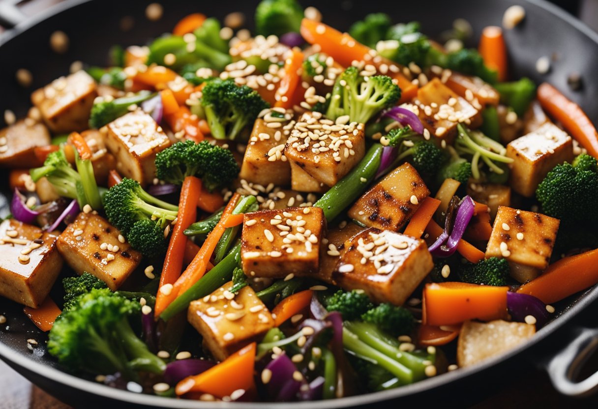 A sizzling wok filled with colorful stir-fried vegetables and tofu, glistening with a savory vegetarian oyster sauce, surrounded by a sprinkle of sesame seeds