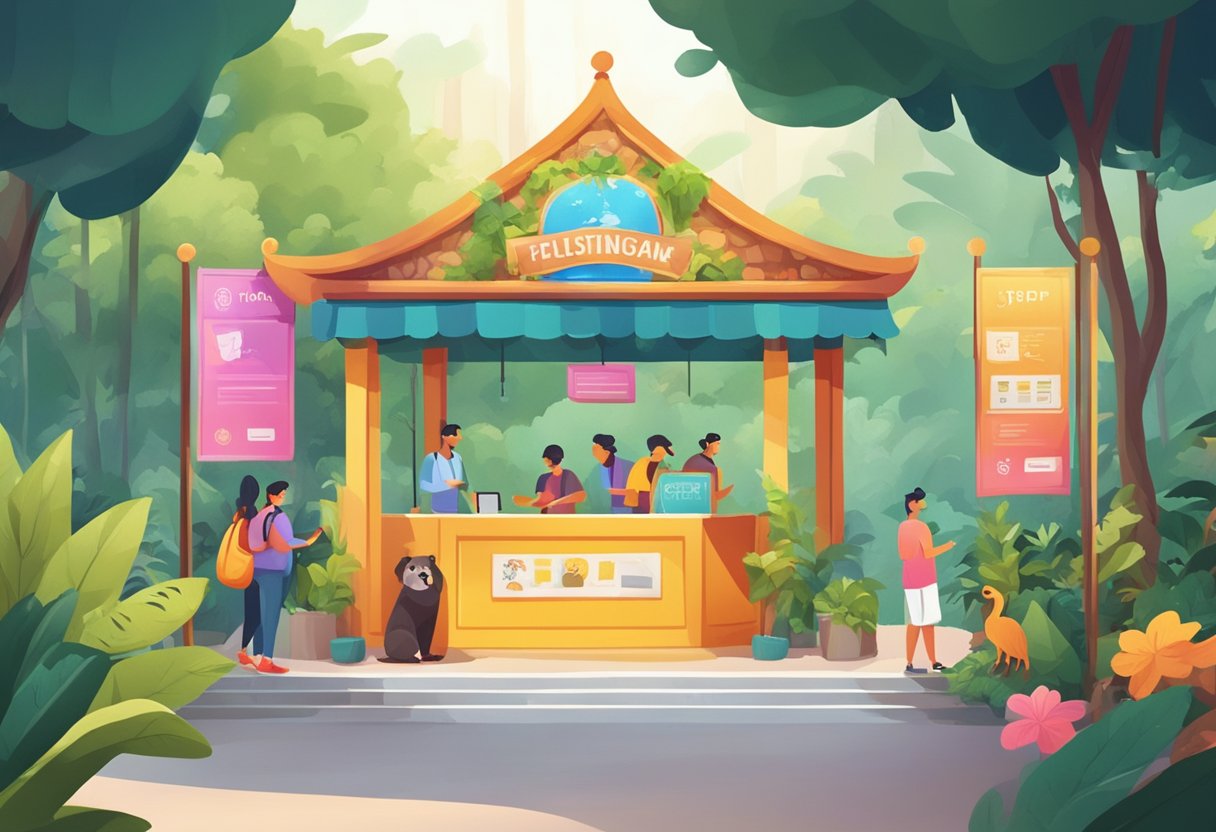 Colorful signboard at entrance, surrounded by lush greenery and playful animal figures. People gathering around information booth