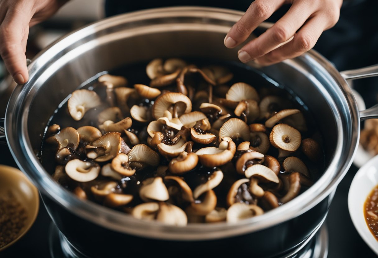 A chef mixes mushrooms, soy sauce, and sugar in a pot. The mixture simmers until thick, creating vegetarian oyster sauce