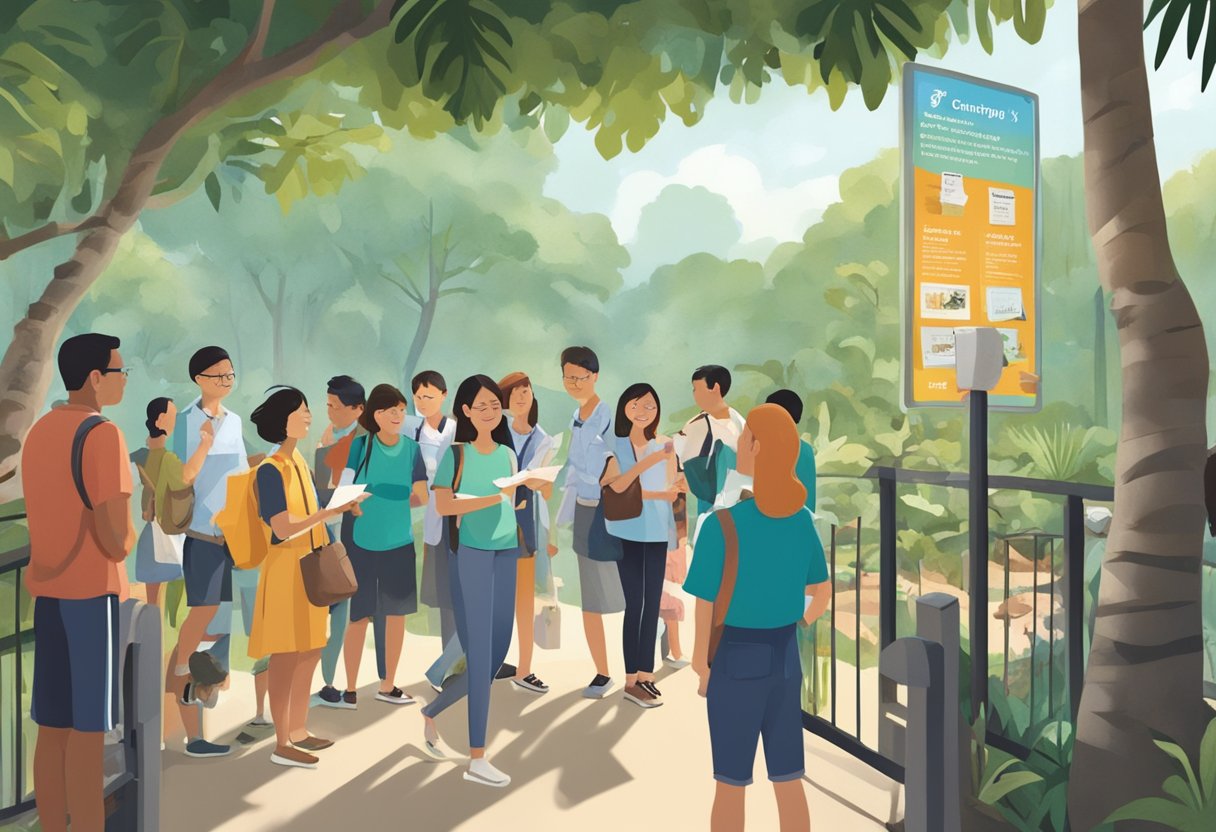 Visitors gather around informational signs at the Singapore Zoo, pointing and reading with curiosity. Animals can be seen in the background