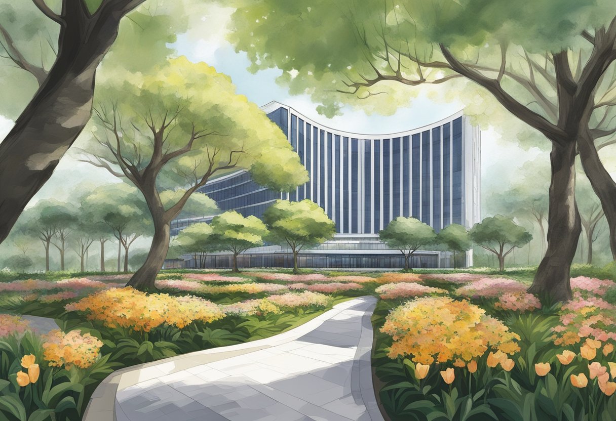 An orchard with blooming trees surrounds the Rendezvous Hotel in Singapore. The hotel's modern architecture contrasts with the natural beauty of the orchard