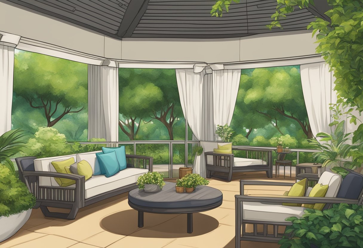 A cozy orchard with lush green trees, comfortable seating areas, and charming accommodations at the Rendezvous Hotel in Singapore