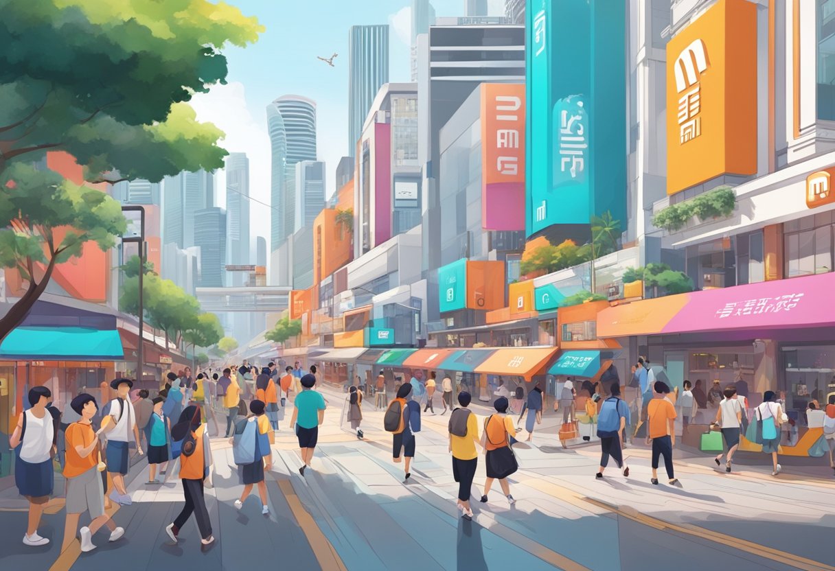 A bustling street in Singapore with a prominent Xiaomi store, surrounded by vibrant signs and bustling with people
