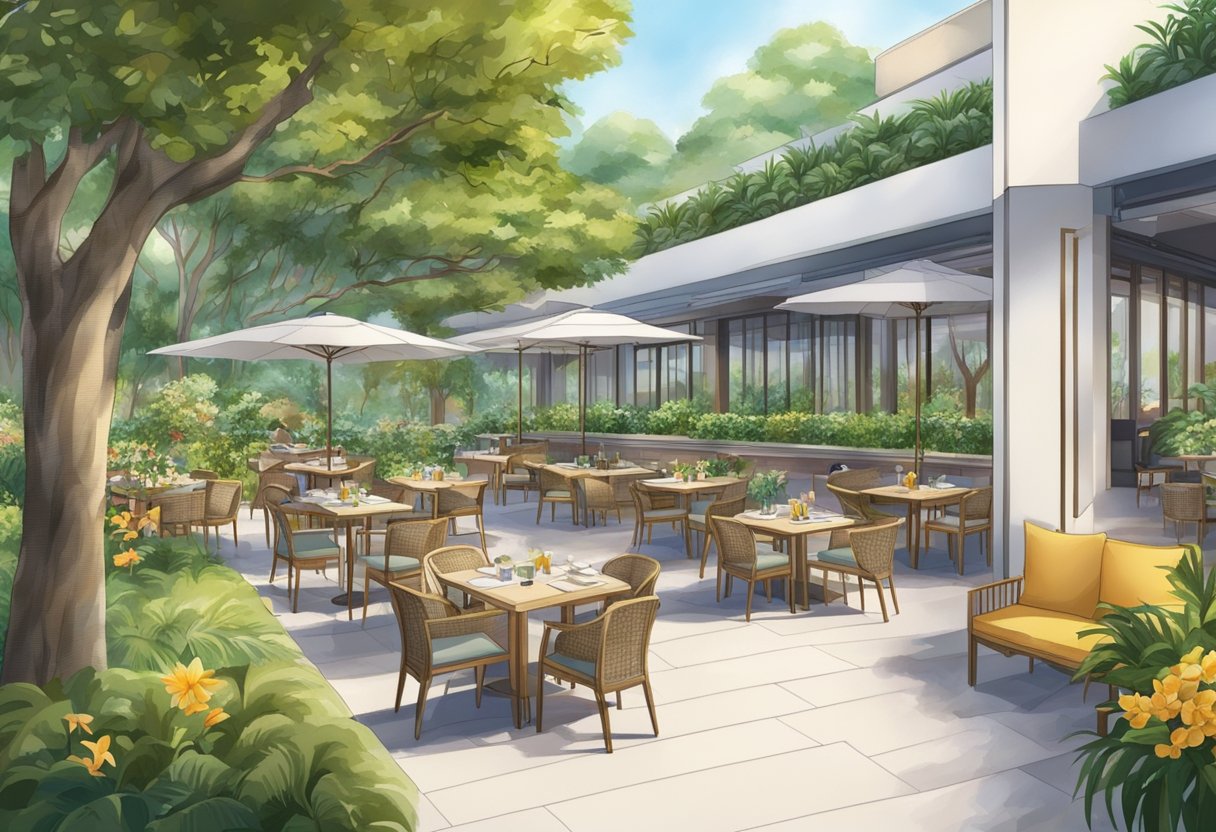 A vibrant orchard garden with dining and leisure facilities at a luxurious hotel in Singapore