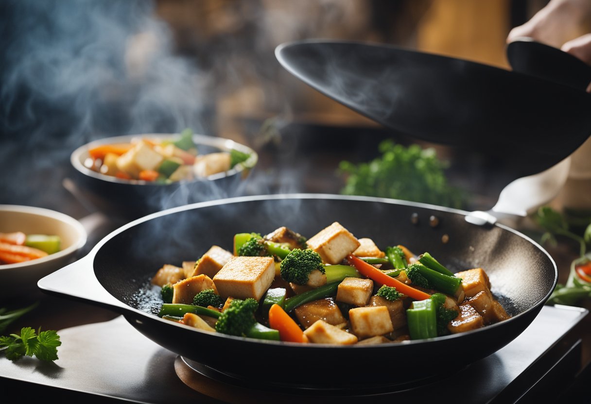 A wok sizzles with stir-fried vegetables and tofu, drenched in savory vegetarian oyster sauce, steam rising from the dish