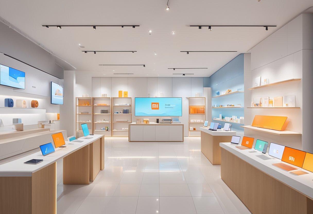 A diverse array of Xiaomi products displayed in a sleek, modern showroom in Singapore. Bright lighting and clean, minimalist design create an inviting atmosphere for customers to explore the brand's offerings