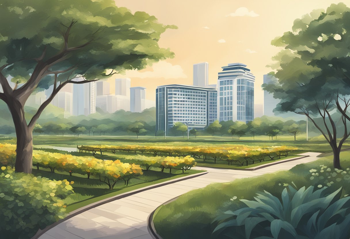 A serene orchard with a hotel in the background, sign reading "Frequently Asked Questions" in Singapore