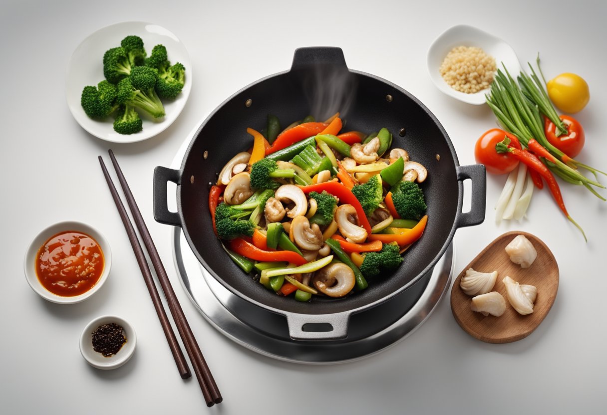 A sizzling wok with colorful stir-fried vegetables and a savory vegetarian oyster sauce simmering, emitting a mouth-watering aroma