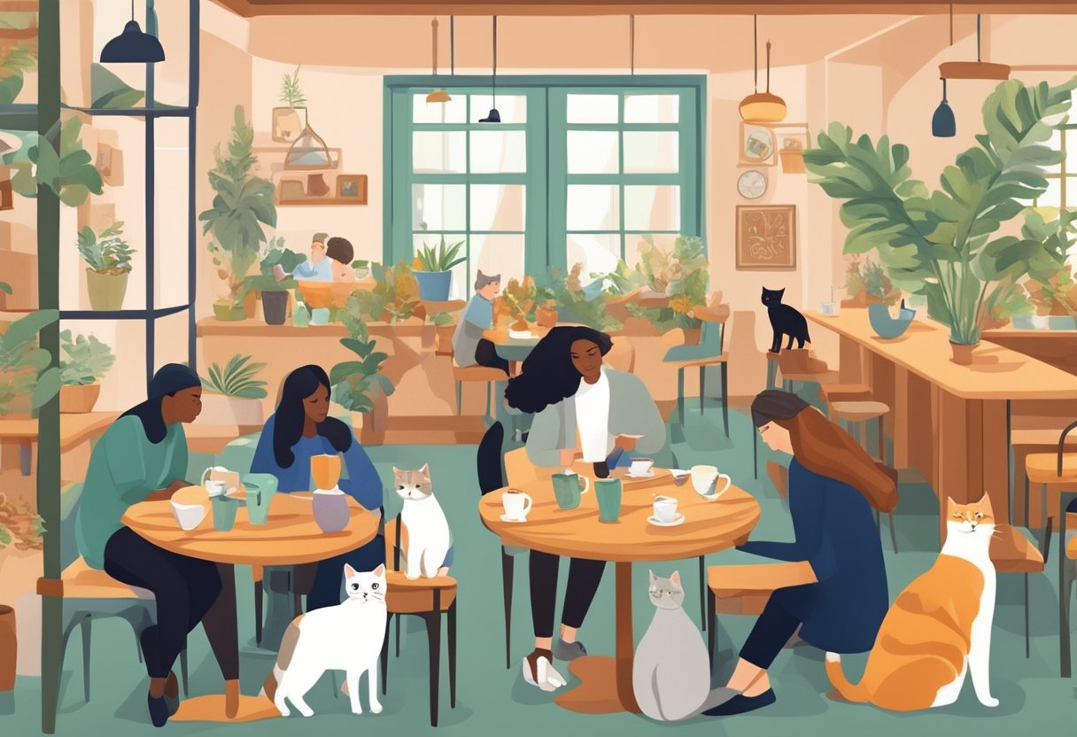 Customers interact with playful cats in a cozy cafe setting, surrounded by cat-themed decor and enjoying beverages