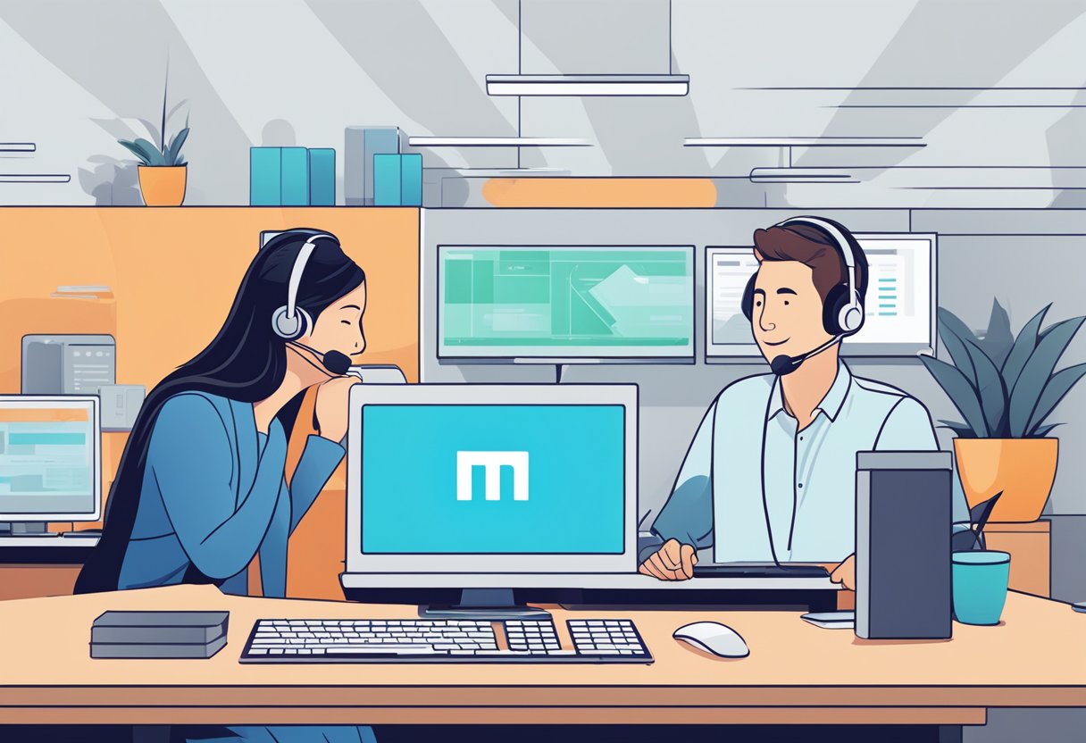 A customer service representative answering questions on a computer screen with the Xiaomi logo in the background