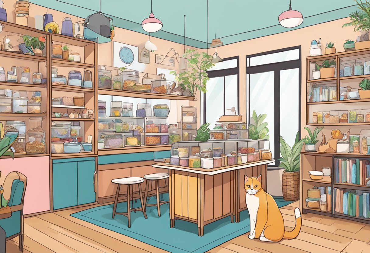 A cozy cat cafe in Singapore, with colorful cat-themed decor, comfy seating, and shelves filled with cat toys and accessories