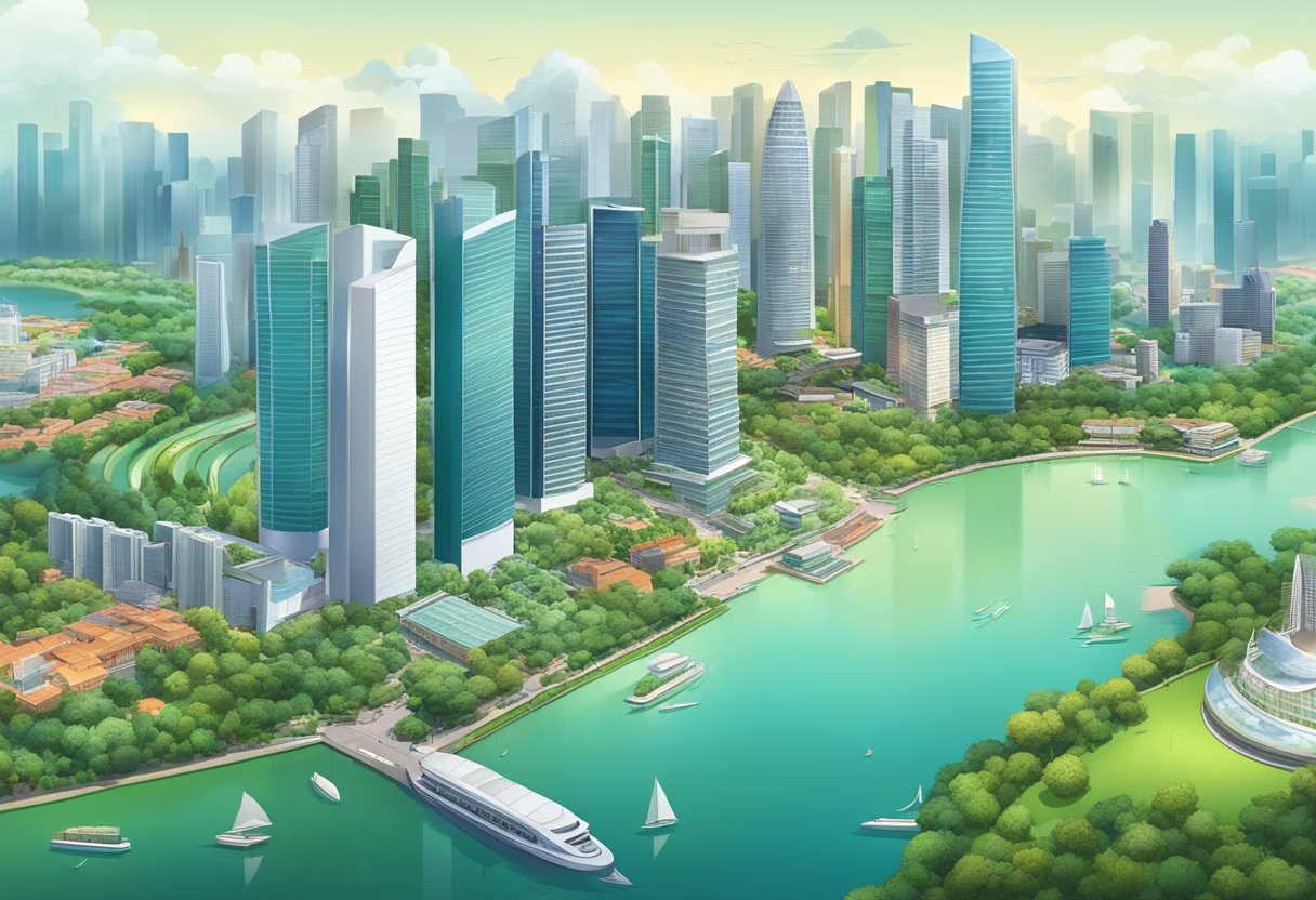 A bustling cityscape with modern skyscrapers, lush green parks, and a vibrant waterfront, showcasing the diverse and dynamic spirit of independent Singapore