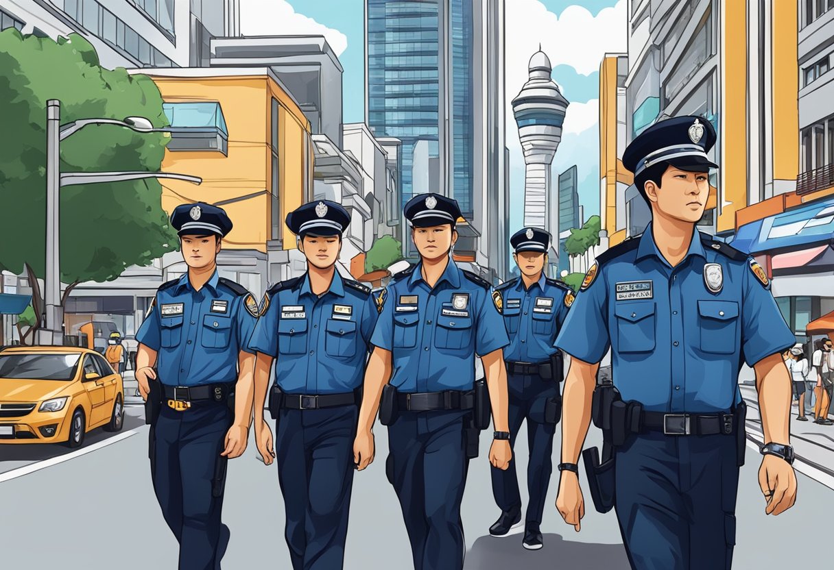 A group of Singapore police officers patrolling a bustling city street, with iconic landmarks in the background