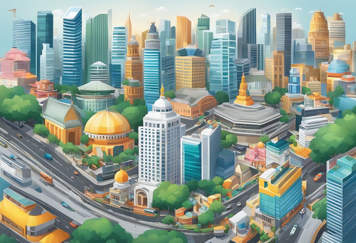 A bustling cityscape with iconic landmarks and a diverse range of media outlets, including The Independent Singapore, amidst a vibrant and ever-evolving media landscape