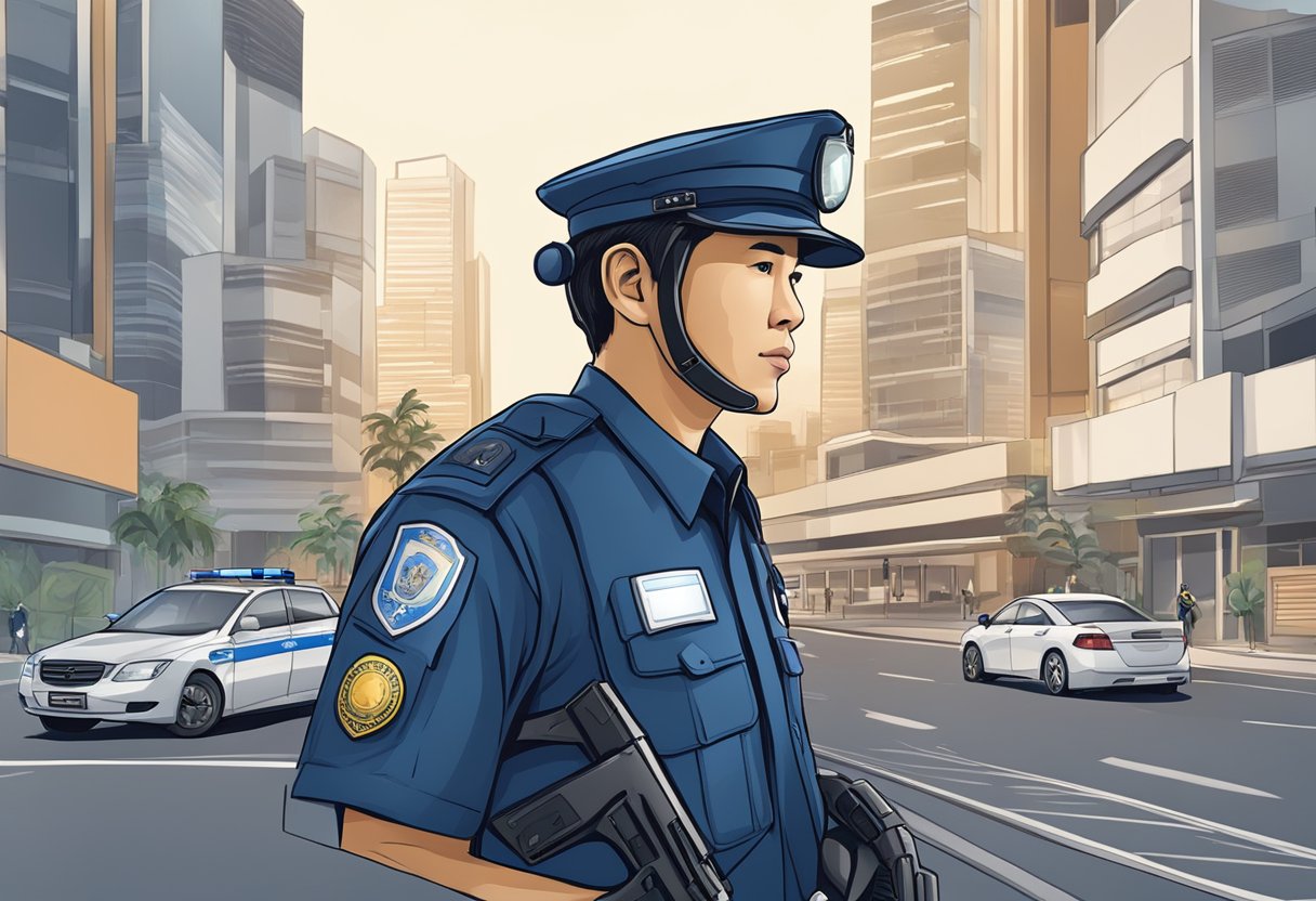 A police officer in Singapore operates advanced technologies to monitor and control urban security