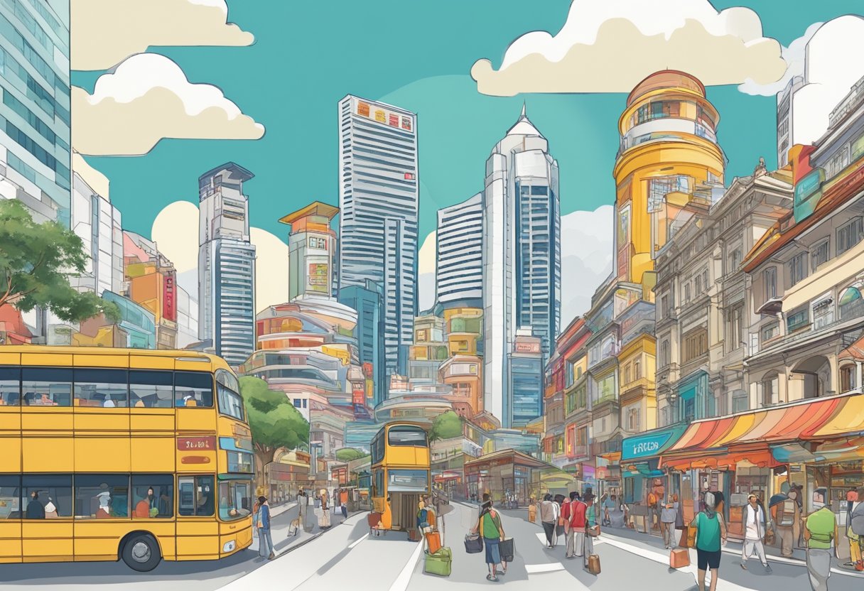 A bustling street filled with diverse cultural landmarks and symbols, showcasing the impact and contributions of independent Singapore