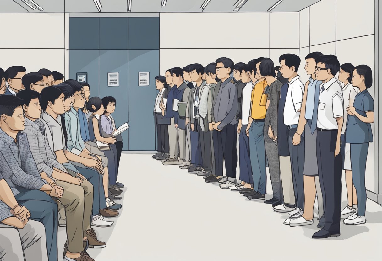 A group of people standing in line, waiting to ask questions at the Singapore Police Force headquarters. A sign with "Frequently Asked Questions" is prominently displayed