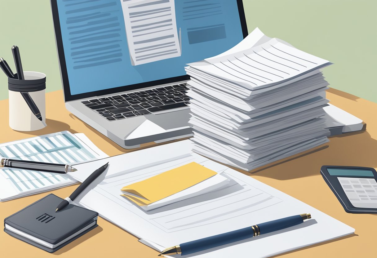 A stack of papers with "Frequently Asked Questions" on top, surrounded by a computer, pen, and notepad