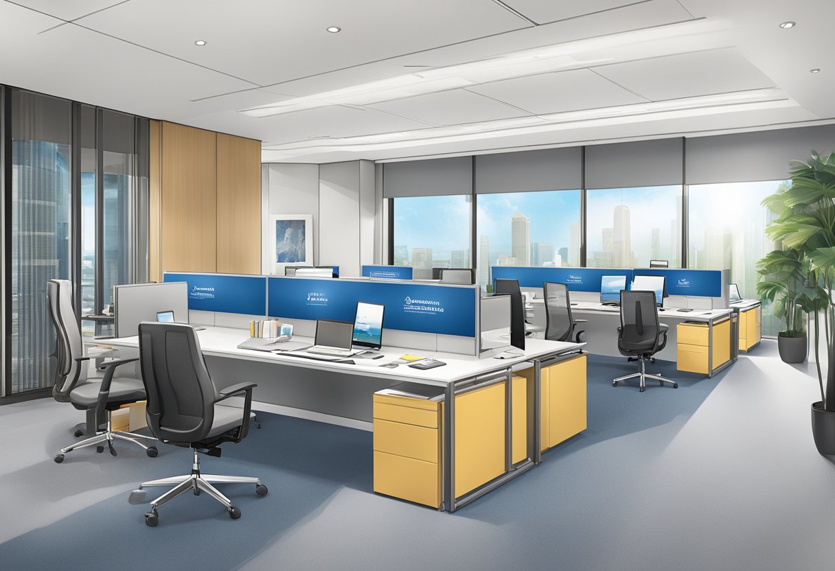 A modern office with customer service representatives at work, showcasing the Prudential Singapore logo and branding prominently displayed