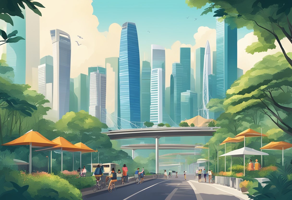 A bustling cityscape with modern skyscrapers, lush greenery, and iconic landmarks like the Marina Bay Sands and the Singapore Flyer