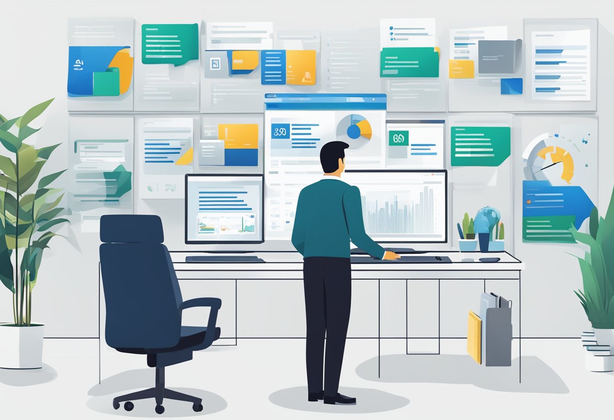 A customer service representative at Prudential Singapore answers questions from clients, surrounded by a wall of frequently asked questions and a computer screen displaying the company's logo