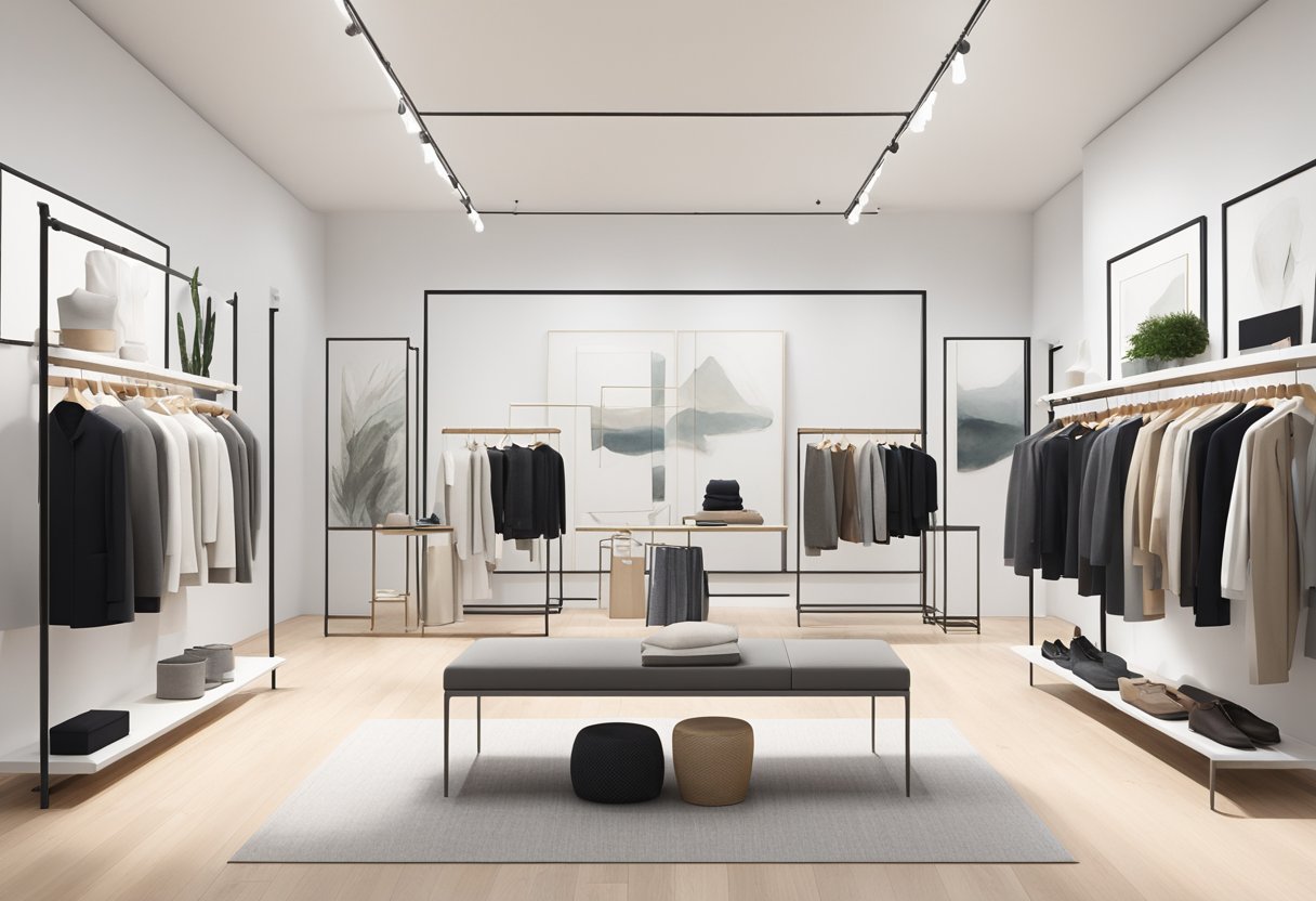 A sleek, modern gallery space filled with minimalist, Scandinavian-inspired clothing and accessories. Clean lines, neutral colors, and carefully curated displays invite exploration