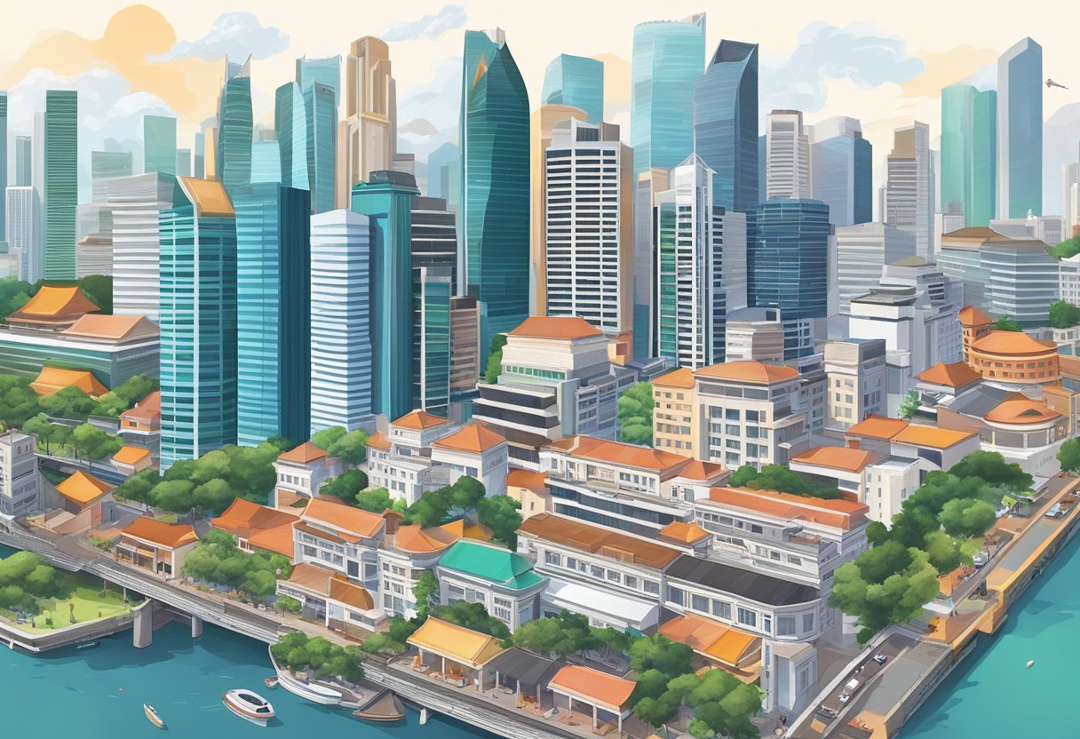 A bustling city skyline with iconic skyscrapers and a vibrant mix of modern and traditional architecture in the heart of Singapore