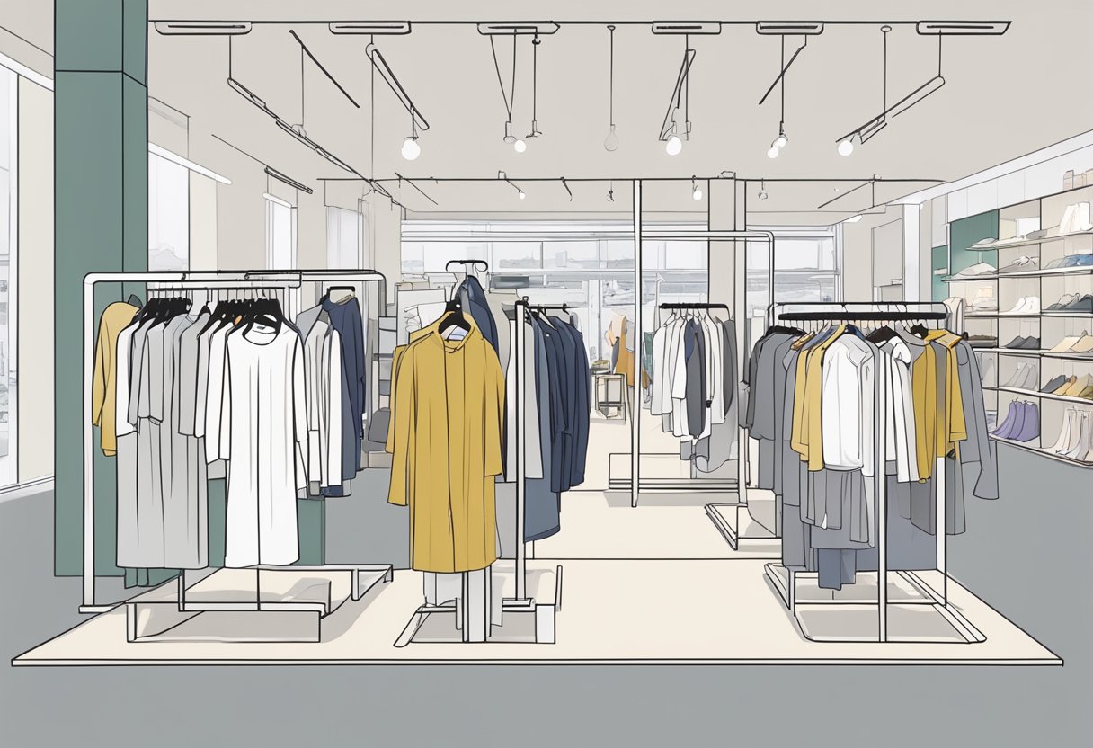 Customers browse minimalist clothing racks at COS Singapore, while staff arrange displays and assist shoppers