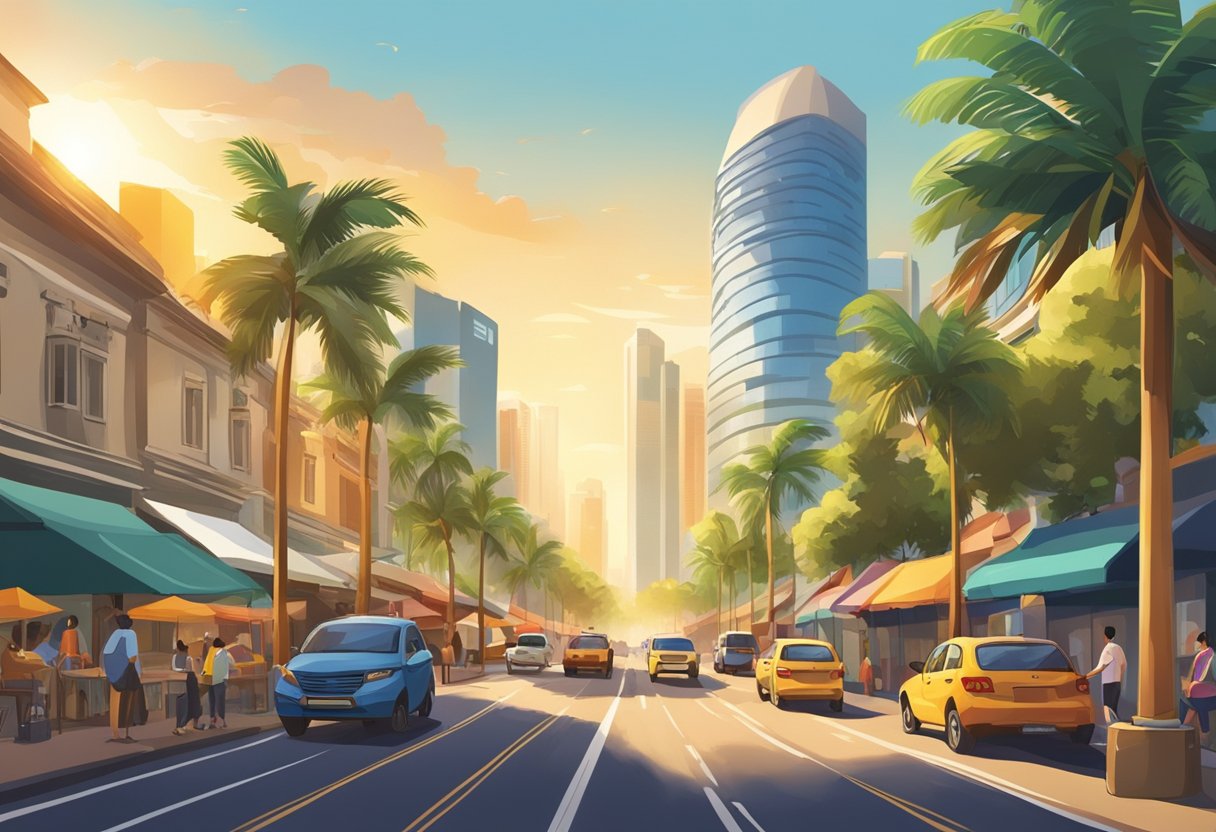 A bustling street in Singapore, with palm trees swaying in the warm breeze and colorful buildings lining the roads. The sun shines down, casting a golden glow over the vibrant cityscape
