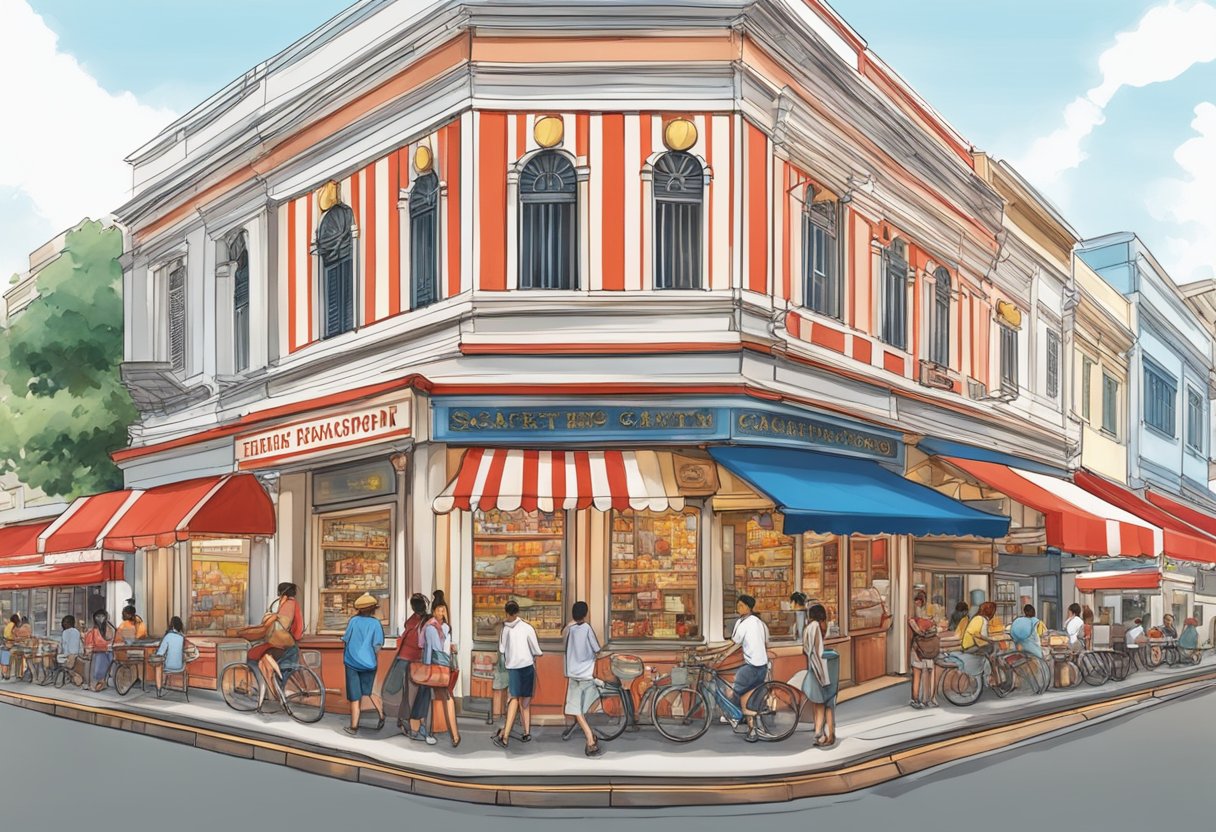 The bustling streets of Singapore surround a vibrant Garrett Popcorn Shop, with its iconic red and white striped awning drawing in passersby