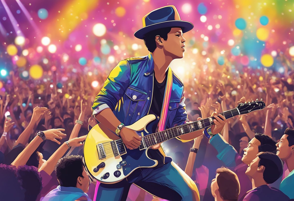 Bruno Mars performs on stage in Singapore, surrounded by a sea of cheering fans and colorful lights