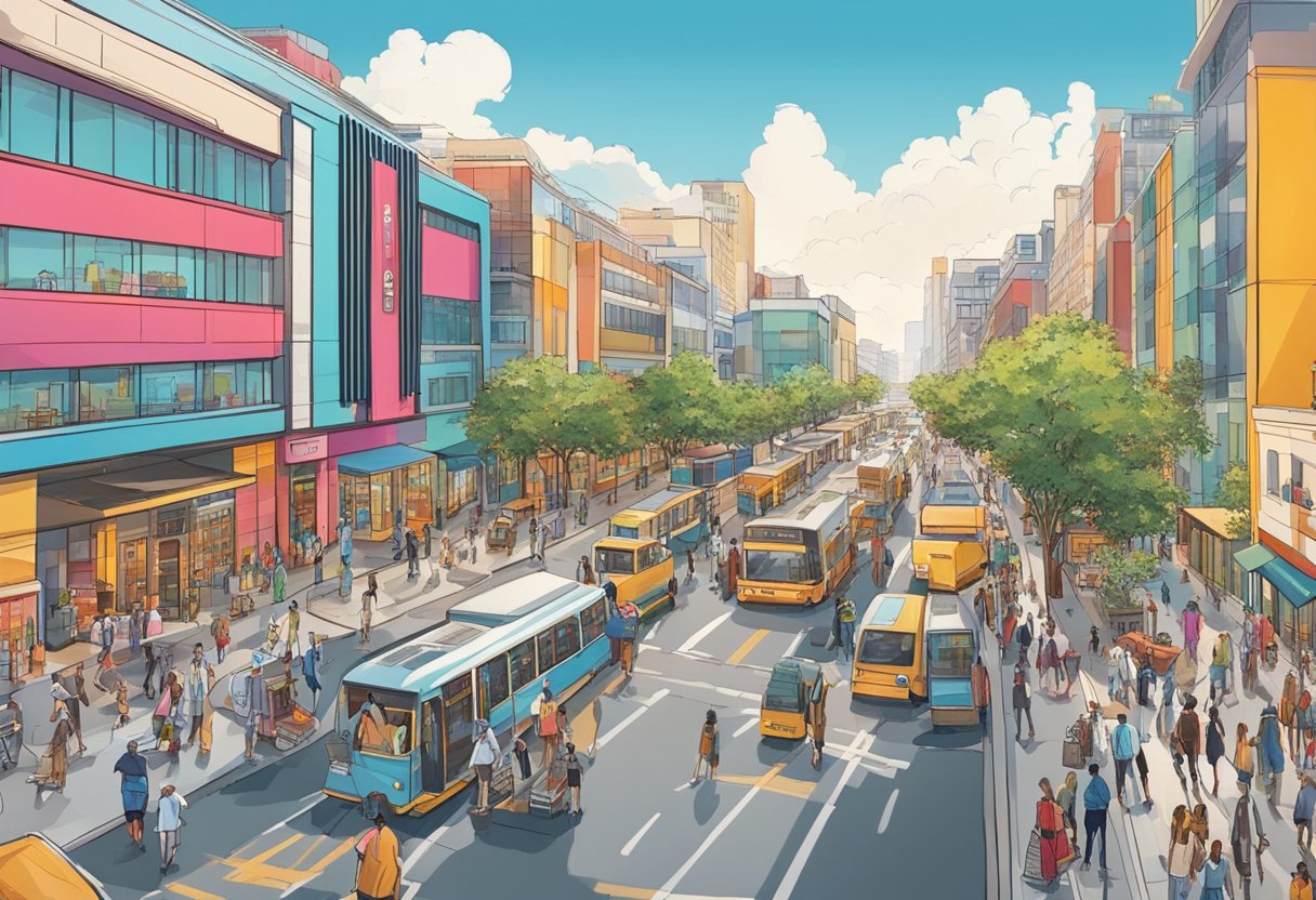 A bustling city street with a modern building featuring the "Experience and Offerings" sign in bold, vibrant colors. Pedestrians and vehicles fill the surrounding area, creating a lively and dynamic atmosphere