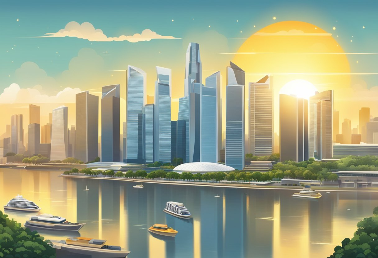 The sun shines brightly over Singapore's skyline as the temperature rises, creating a warm and humid atmosphere