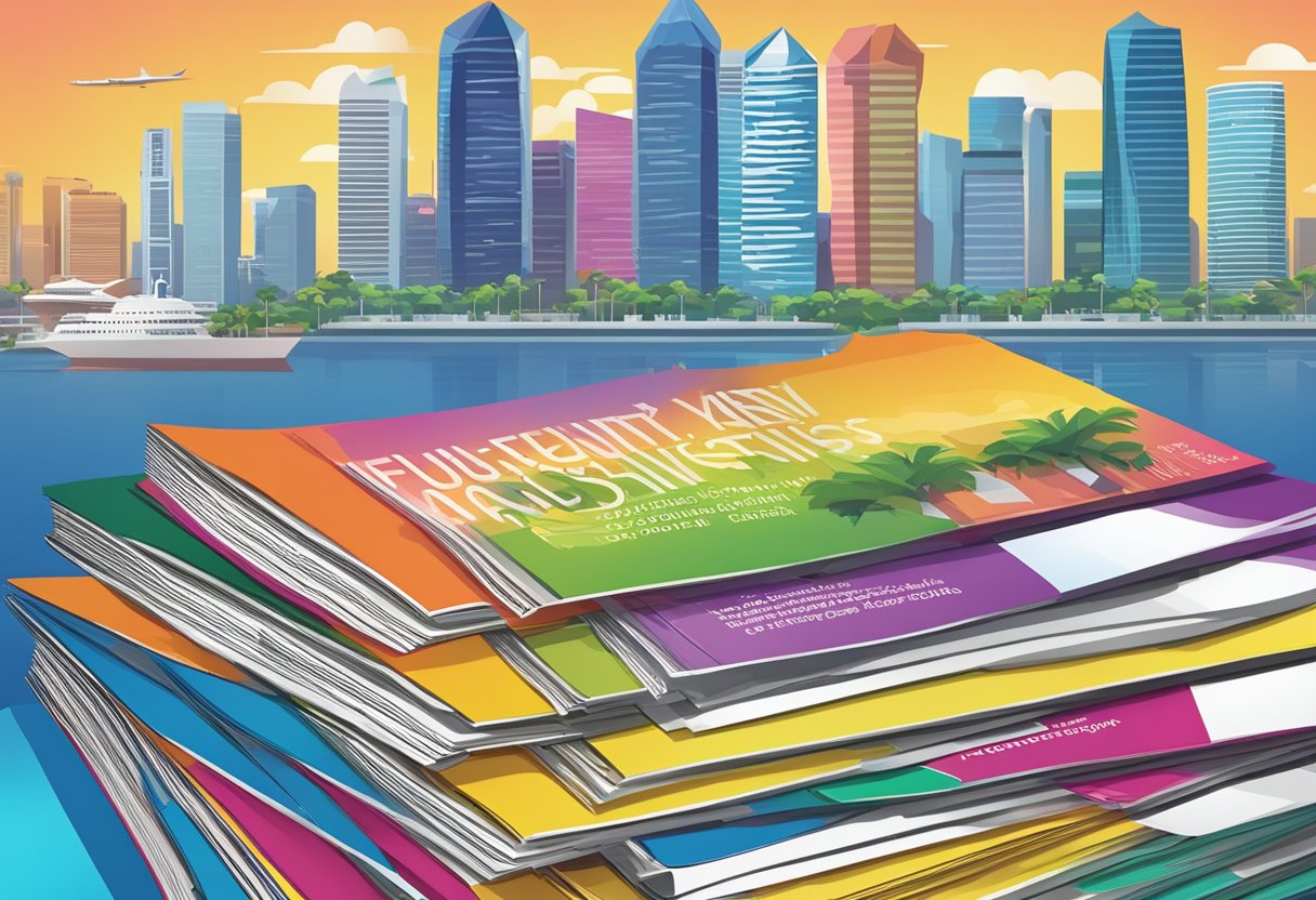 A stack of colorful "Frequently Asked Questions" brochures against the backdrop of Singapore's iconic skyline