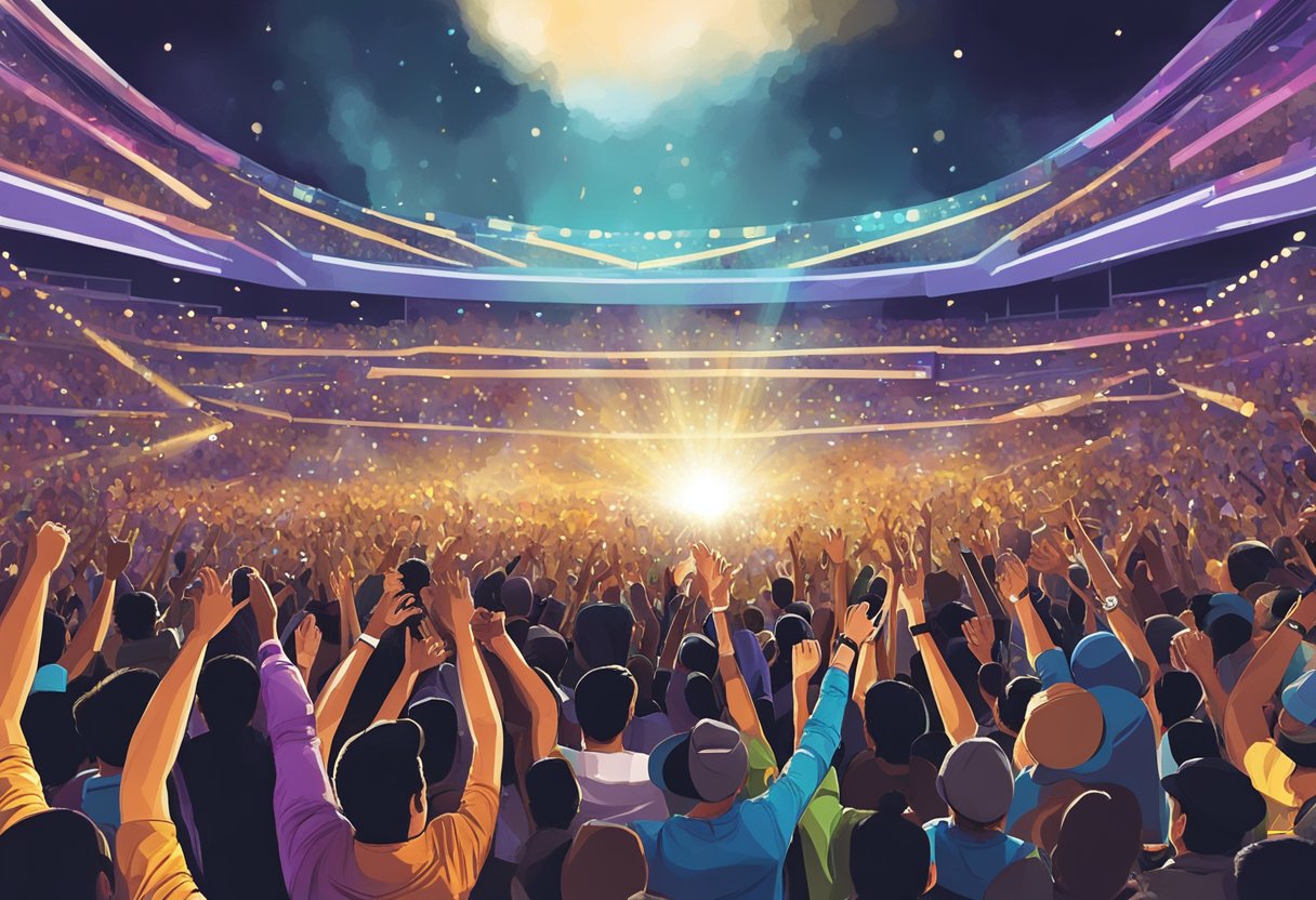 Spotlight shines on stage, crowd cheers, Bruno Mars performs in Singapore